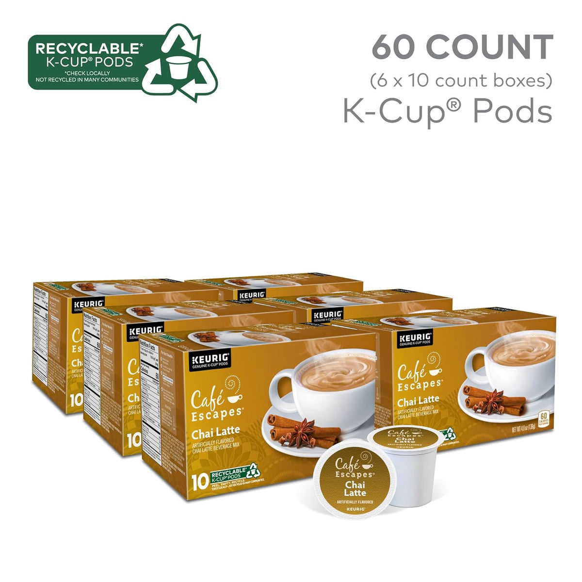 Café Escapes Chai Latte, Single-Serve K-Cup Pods, 60 Count