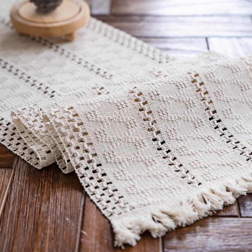 Alynsehom Macrame Table Runner Cream Beige Boho Table Runners with Tassels Hand Woven Cotton Table Runner Rustic Farmhouse Table Runners for Bohemian Kitchen Dining Table(12x71in)