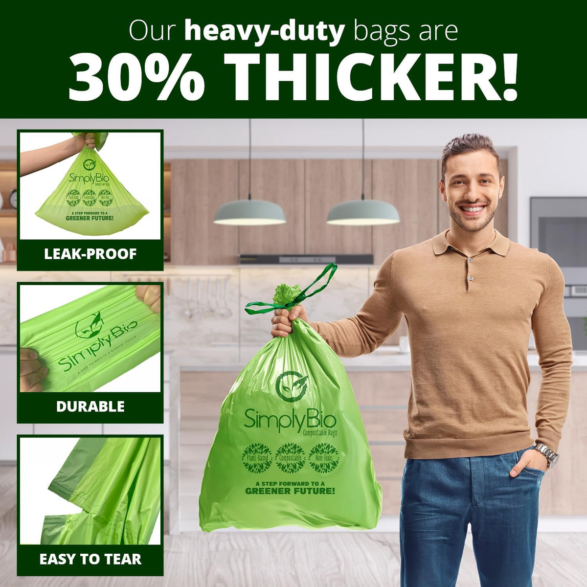 Simply Bio 13 Gallon Compostable Trash Bags Liners Drawstring, Heavy Duty Extra Thick 1 Mil, 49.21 Liter, 30 Bags, Tall Kitchen Food Scrap Waste Bag, ASTM D6400, US BPI and OK Compost Home Certified