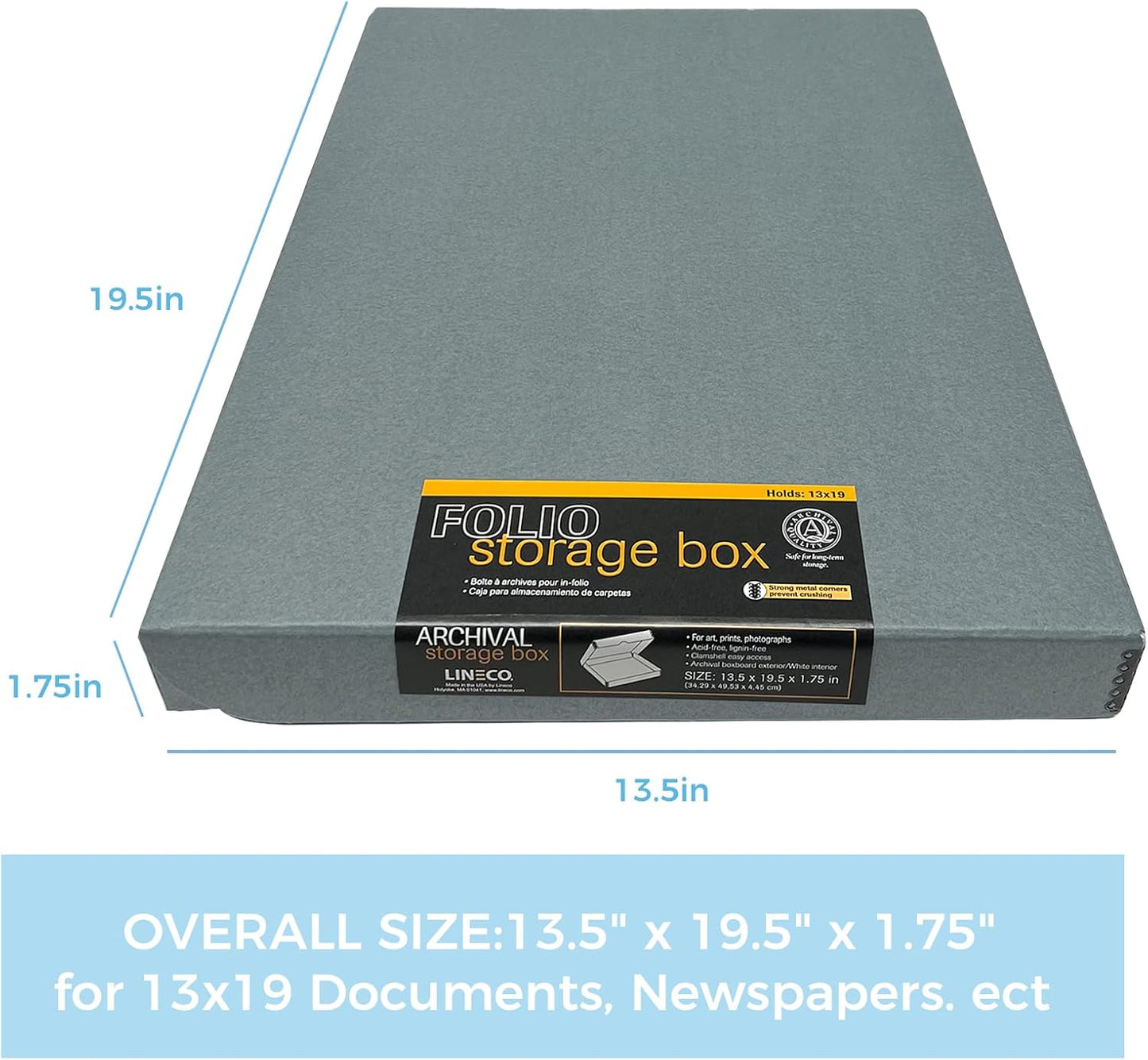 Lineco Folio Storage Box, Clamshell Design with Metal Edge. 13.5x19.5x1.75 Inches, Archival Boxboard, Preserve Photos, Cards, Magazines, Documents, Art, Ephemera, Family Records, Gray, Pack of 1