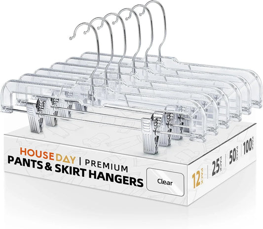 HOUSE DAY 12-Pack 14" Clear Plastic Skirt Hangers with Clips & Swivel Hook