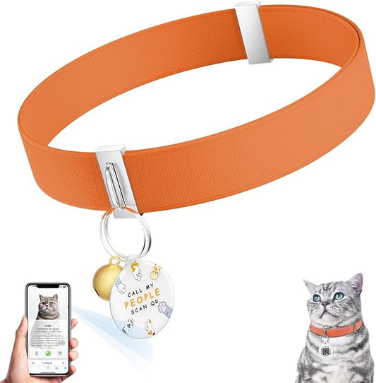 Cat Collar with Bell, Stretch Elastic Quick Release, Modifiable Pet Online Profile Page, Multiple Emergency Contact, Non Breakaway Lightweight Kitten Collar for Girl Cats, Pet Supplies, Gifts (Orange)