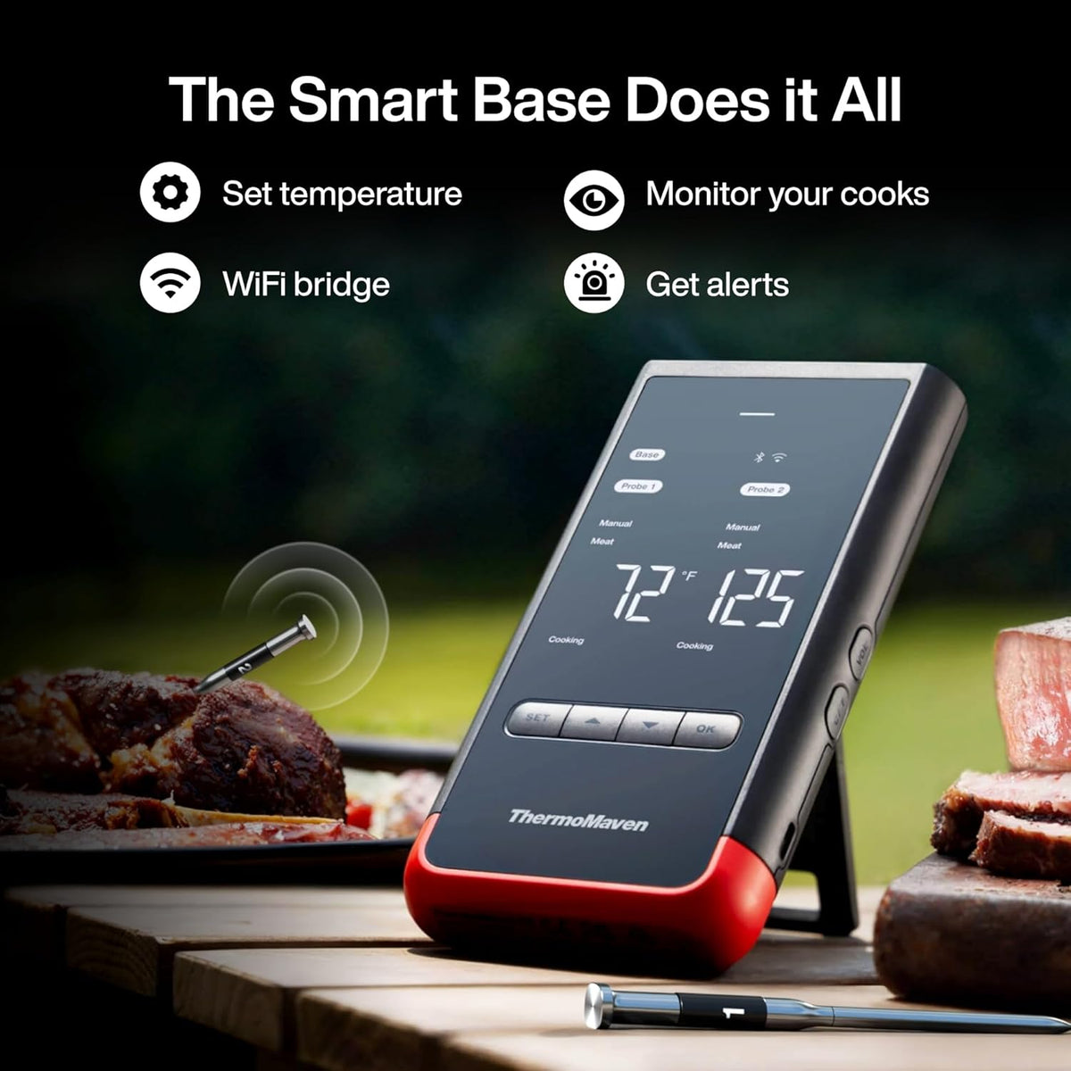 ThermoMaven Smart Bluetooth Wireless Meat Thermometer: Standalone Base, WiFi Unlimited Range, 6 Sensors with NIST Certified Accuracy, 2 Probes for Kitchen, BBQ, Grill, Oven, Smoker, Rotisserie