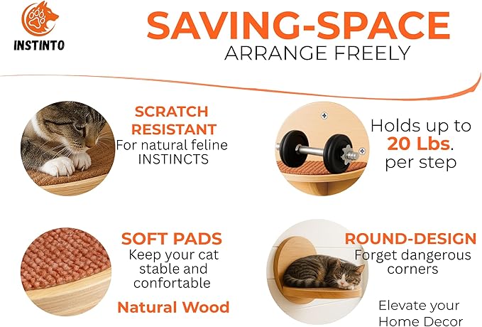 Cat Wall Shelves - Round Floating Cat Wall Steps with Scratch Pads, up to 20Lbs. Saving-Space Decorative Wall-Mounted Cat Furniture for Climbing, Playing & Resting - Solid Natural Wood by INSTINTO