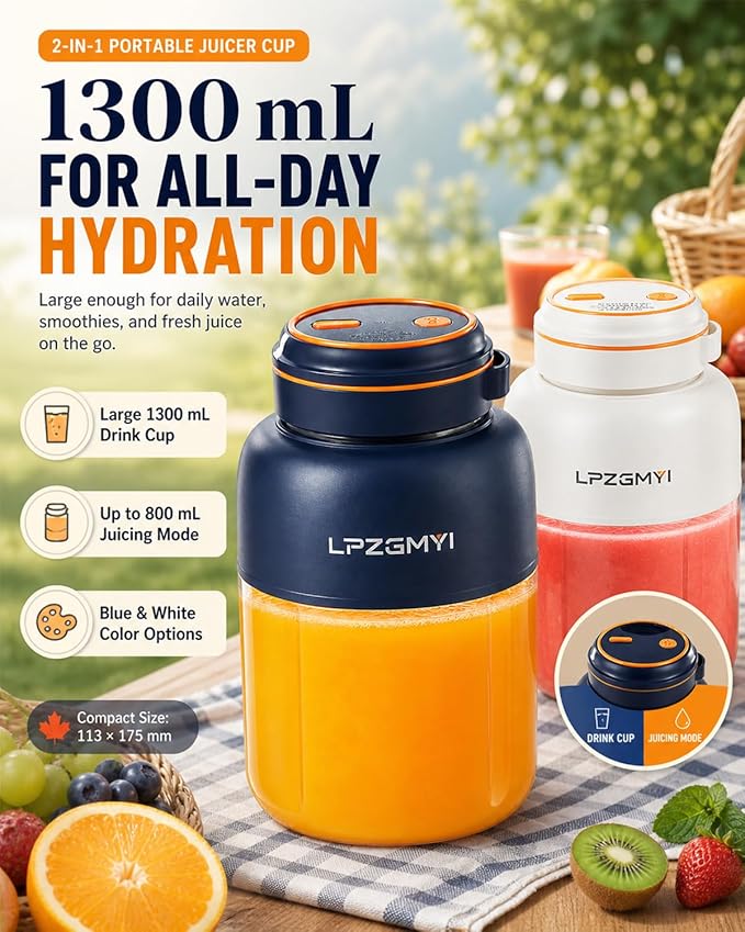 Portable Wireless Juicer Cup Electric Blender Travel Mini Rechargeable Personal Size Juicer Fresh Juice Bottle 44 Fl Oz / 1300 Ml Capacity 48 Blades Compact for Shakes and Smoothies (Blue)