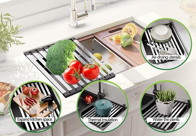 Over the Sink Kitchen Dish Drying Rack Organizer - Stainless Steel Collapsible Non-Slip Space-Saving [16.54 * 12.8IN] - Rust-Resistant Heat-Resistant Sturdy - Easy to Clean