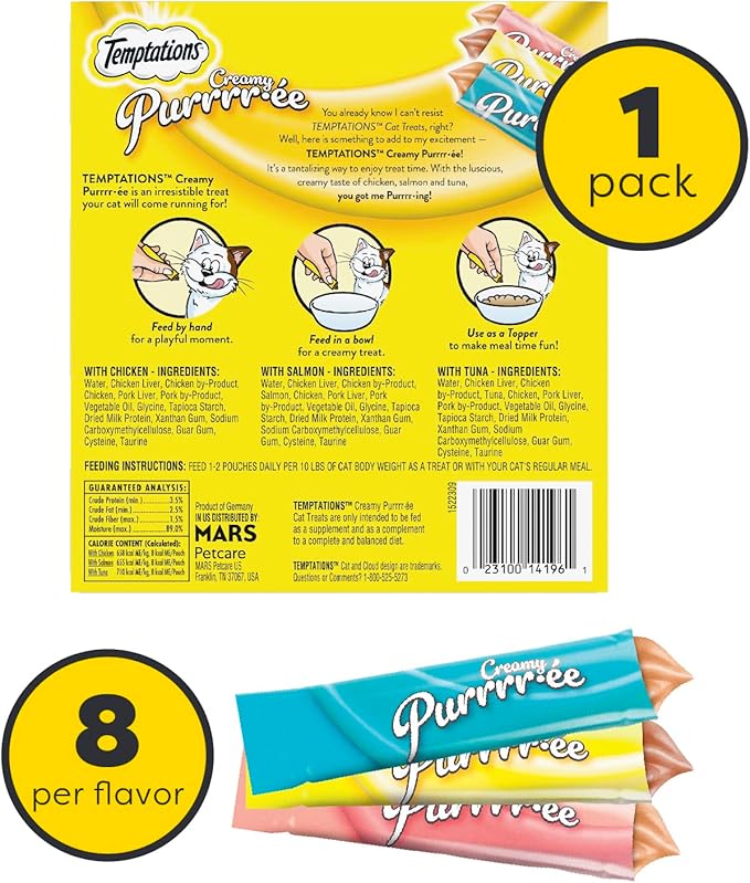 Temptations Creamy Puree with Chicken, Salmon, and Tuna Variety Pack of Lickable, Squeezable Cat Treats, 0.425 Oz Pouches, 24 Count