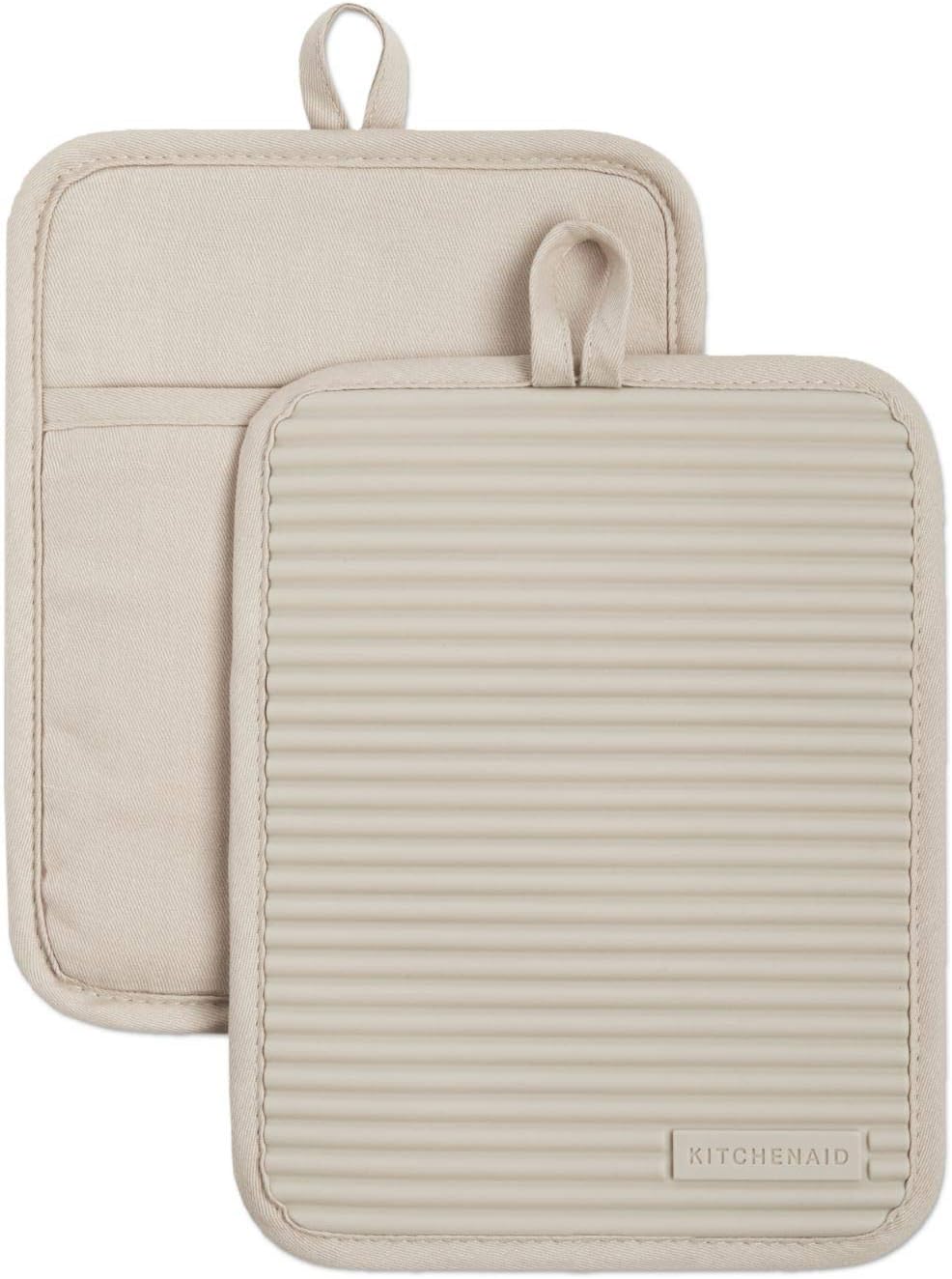 KitchenAid Ribbed Soft Silicone Pot Holder 2-Pack Set, Milkshake Tan, 7"x9"