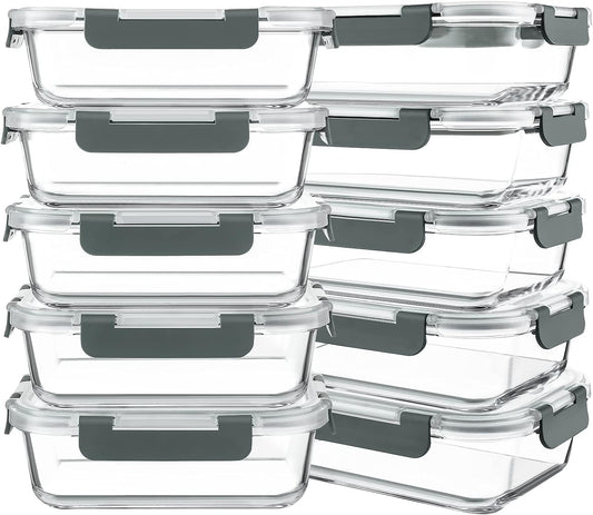 10 Packs 30 oz Glass Meal Prep Containers,Glass Food Storage Containers with Lids,Airtight Lunch Bento Boxes,Microwave,Freezer and Dishwasher,Gray