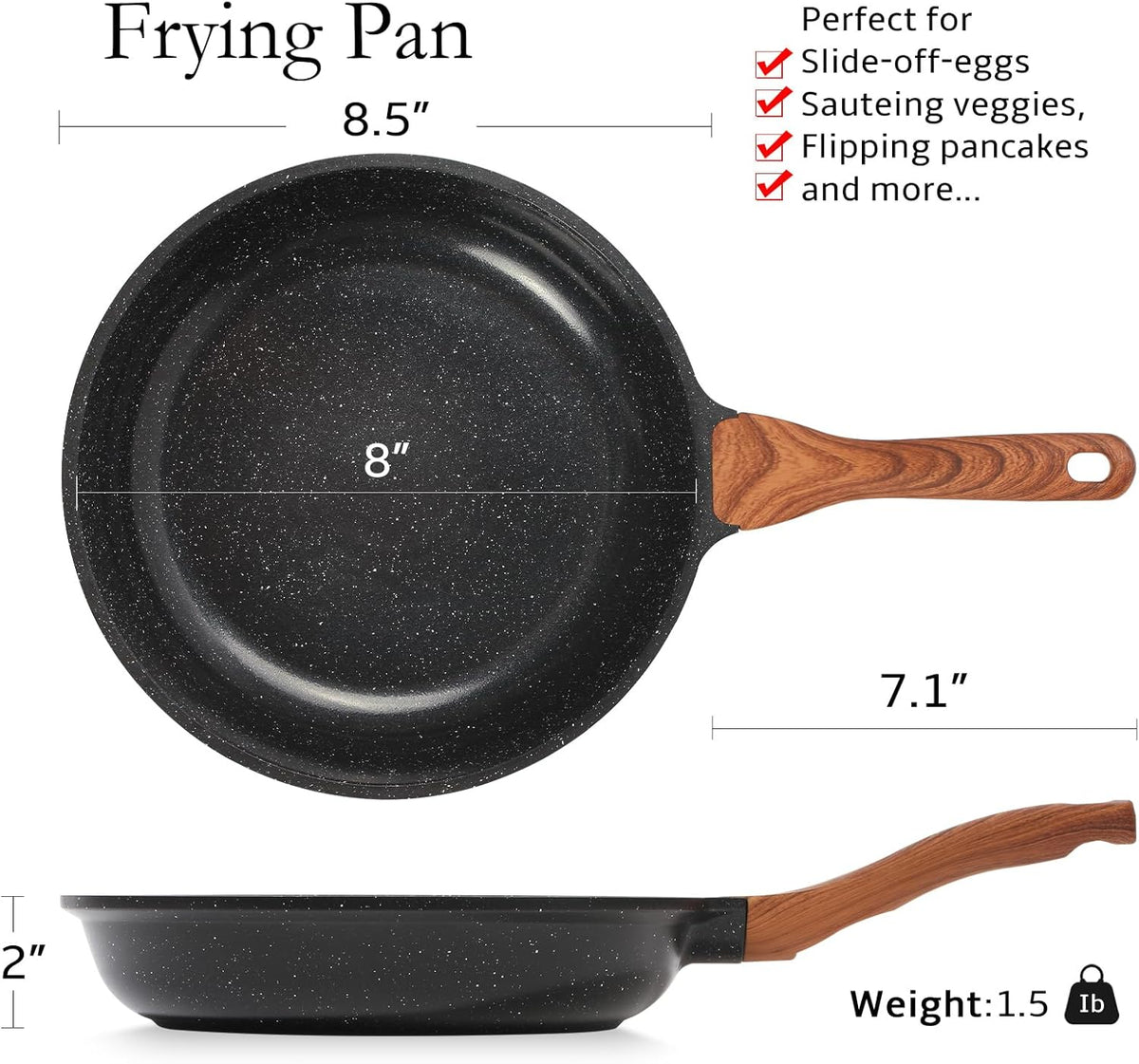 ESLITE LIFE Nonstick Ceramic Frying Pan Skillet, Non-Toxic Egg Omelette Kitchen Cooking Pans Compatible with All Stovetops (Gas, Electric & Induction), PTFE & PFOA Free (Black, 8'')