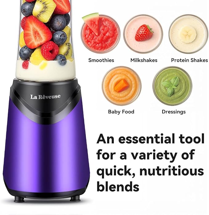 La Reveuse Smoothie Blender Personal Size 300 Watts with 2 Pieces 18 oz BPA-free Travel Sports Bottles,Purple