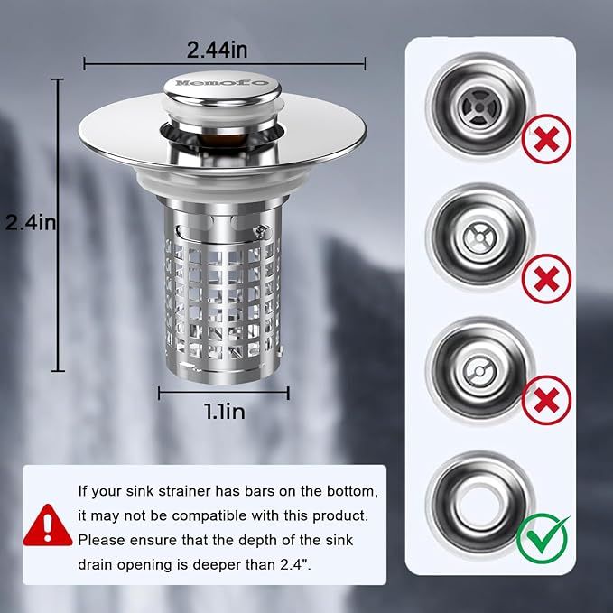 Bathroom Sink Drain Strainer, Stainless Steel Pop-up Strainer Basket Hair Catcher with Removable Basket, Brass Bullet Core, Universal Fit 1.1-2.36 Inch (4PCS)