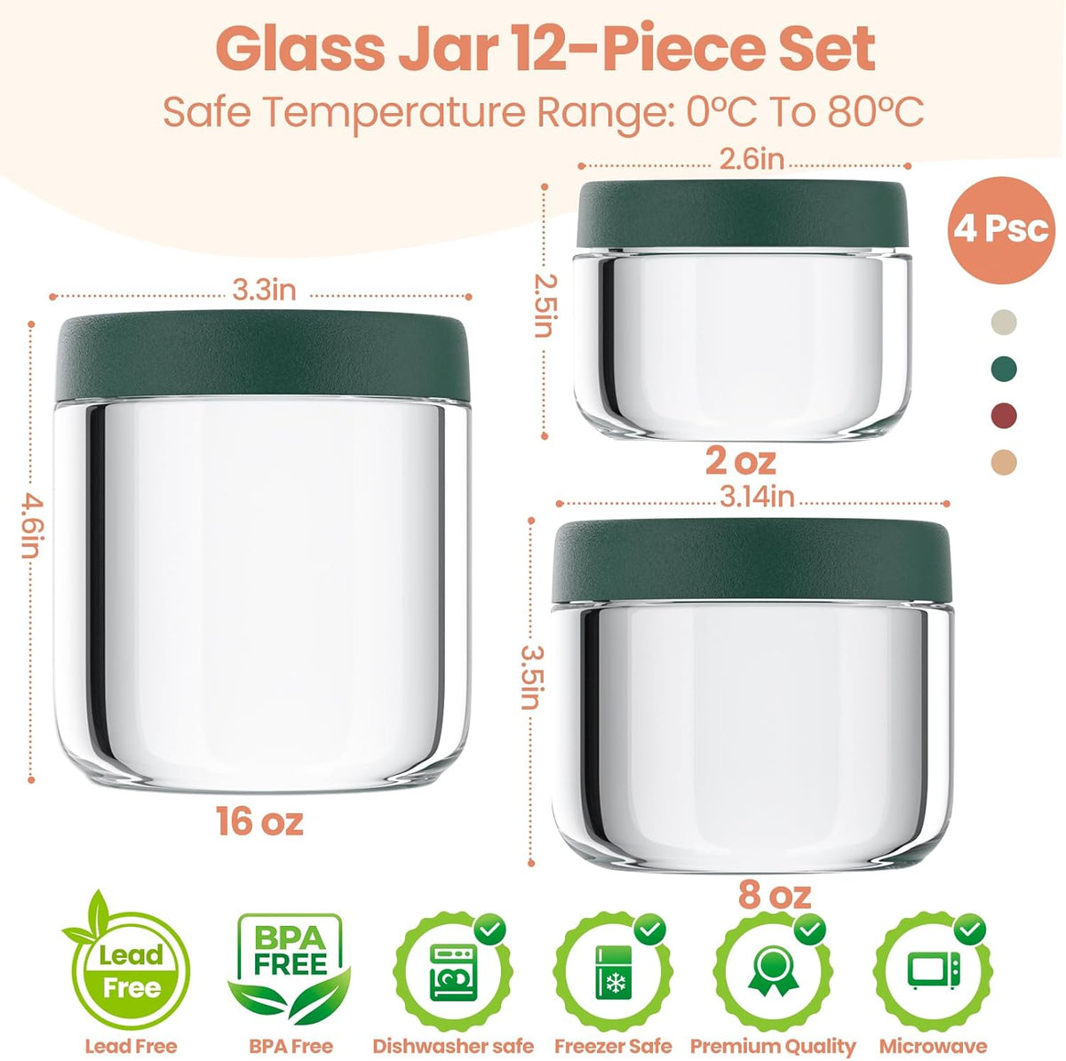 12Pack Overnight Oats Containers with Lids, 16oz, 8oz & 4oz Glass Jars with Airtight Lids, Wide mouth Mason Salad jars, Glass Food Storage Containers for Yogurt Chia Pudding Snacks Cereal & Spices