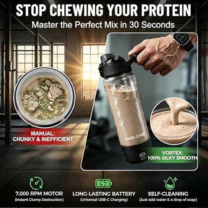FANS-ONE Electric Protein Shaker Bottle – No Clumps, Smooth Every Time |USB-C Rechargeable Vortex Mixer | Leakproof Double-Lock Lid| 24oz BPA-Free Tritan| Blender For Protein Shakes & Meal Replacement