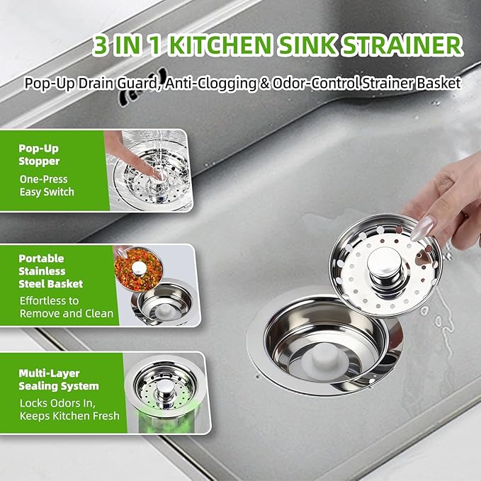 3 In 1 Kitchen Sink Drain Assembly, Stainless Steel Basket Strainer, 3-1/2 Inch Sink Drain Stopper Plug, Threaded Plastic Sink Strainer Tailpiece 1-1/2 in