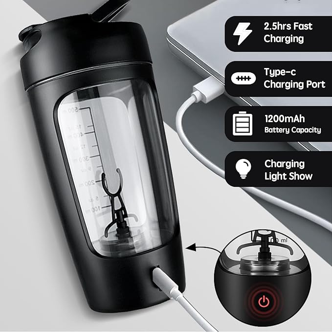 Electric Protein Shaker Bottle with Storage Box,22oz USB Rechargeable Mixer Cup,Made with Tritan, BPA Free, Protein Shakes for Mixer (Black)