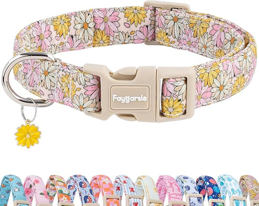 Faygarsle Floral Girl Dog Collar, Cotton Fabric with Daisies Pattern, Pink and Yellow Summer Spring Design for Small Medium Large Dogs L