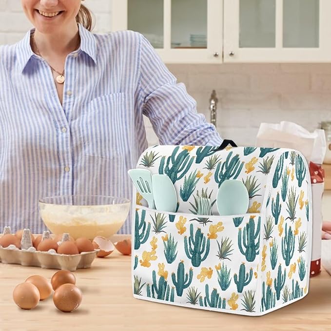 Green Cactus Pattern Mixer Dust Cover Universal Fit 6-8 Qt, Anti-Fingerprint & Easy Clean Cover with Handle & Accessory Pocket, Modern Kitchen Counter Decor Housewarming Gifts