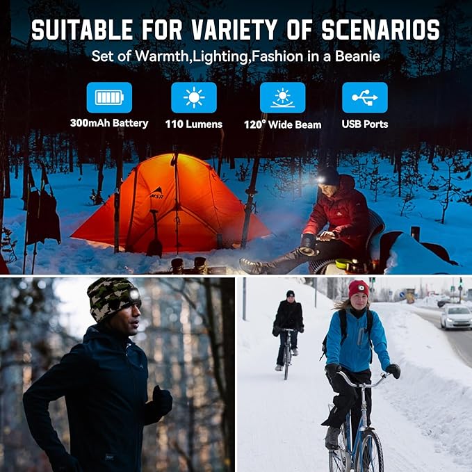 Beanie Hats with Light, USB Rechargeable LED Hand Free Headlamp, Ideal for Camping, Hiking, Fathers Day Dad Gifts, Birthday Gifts for Husband, Dad, Men, 2 Pack, Camouflage