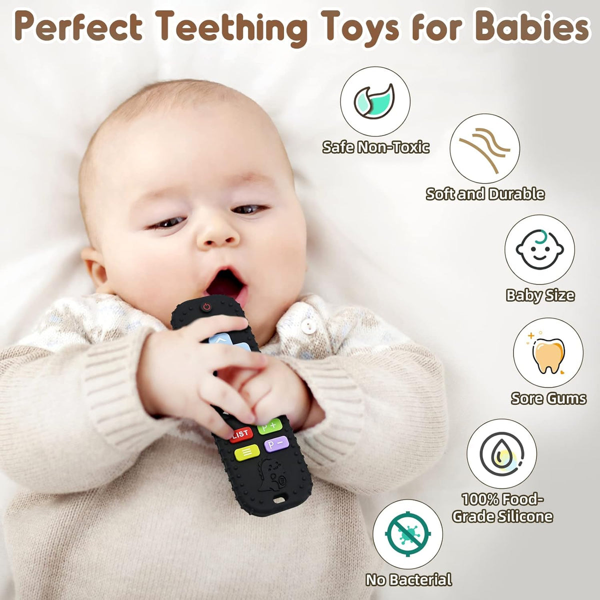 Teething Relief Teethers Toys for Babies 3-6-12 Months Gifts, Food Grade Silicone Sensory Baby Remote Control Teether Bath Toy for Newborn Infant Boy Girl Autism Birthday Gift, Black