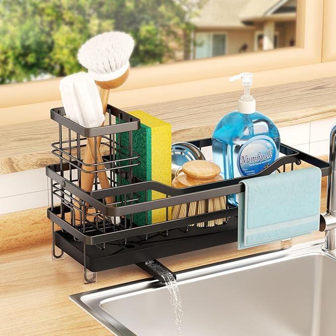 Sponge Holder for Kitchen Sink, Self-draining Sink Organizer with Towel Rack and Brush Holder, Metal Kitchen Sink Organizer for Countertop, Black