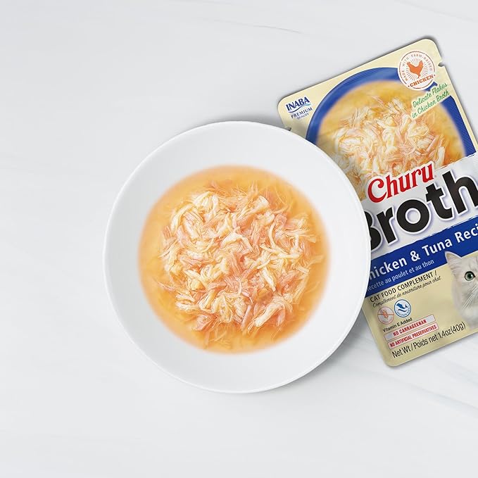 INABA Churu Broth for Cats, Side Dish Pouch, 1.4 Ounces per Pouch, 12 Pouches, Chicken Variety