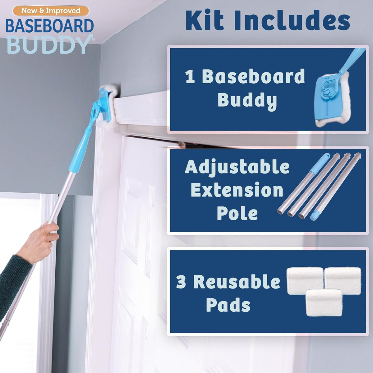 Baseboard Buddy | Lightweight Home Cleaning Essential, Perfect for Baseboards, Moldings & Walls, Glide & Wipe Trapping & Locking Dirt & Dust | As Seen on TV, (1 3 Reusable Pads)