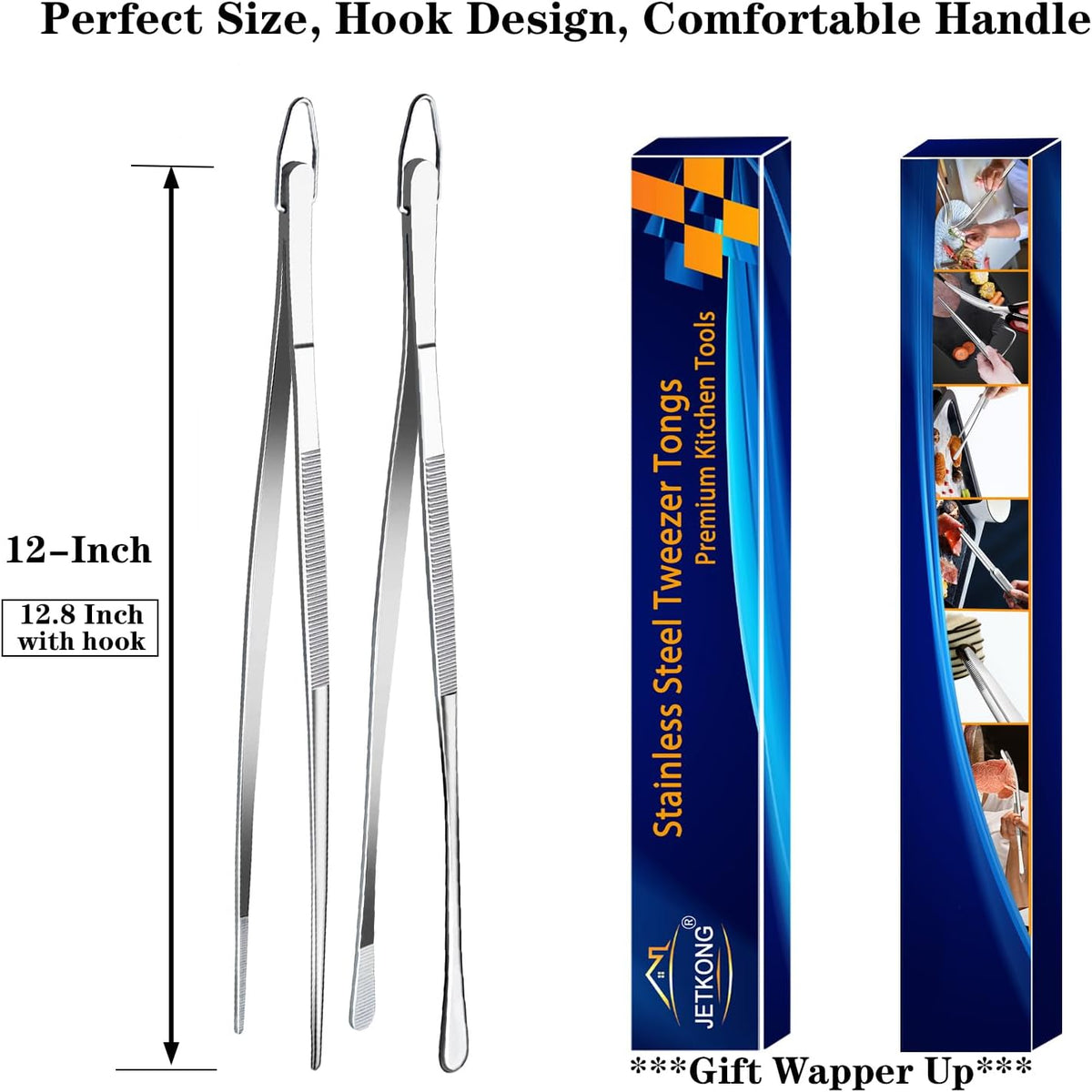 JETKONG 2 Pcs 12-Inch Kitchen Tweezers Fine Tweezer Tongs, Extra-Long Stainless Steel Cooking Tweezers (Silver)