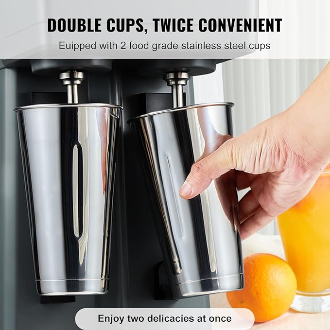 VEVOR Milkshake Maker, 375W x 2 Electric Milkshake Machine, Double Heads Drink Mixer Blender Machine, 3-Speed Milkshake Mixer with 2 x 820 ml Stainless Steel Cups, for Commercial and Home