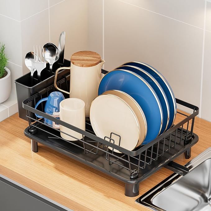 Dish Drying Rack, Stainless Steel Dish Racks for Kitchen Counter, Sink Organization and Storage Essentials, Kitchen Organizer for Forks, Spoons Dishes,Cup and Bottle (Black, 14.96''*11.02''*6.69'')