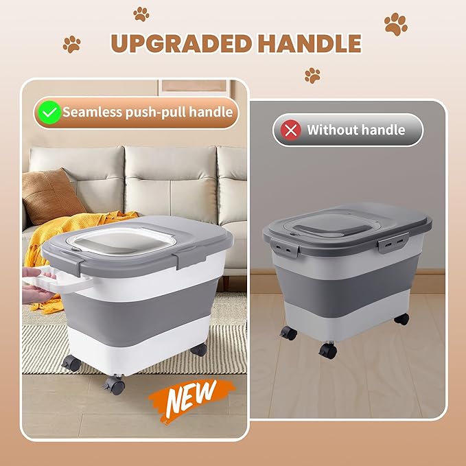 15-23 Lbs Airtight Dog Food Storage Container,Collapsible Dog Food Container with Lid,Wheels,Handle,Large Cat food storage Container with Scoop,Small Food Container for Dog Cat