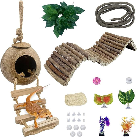 Hamiledyi Leopard Gecko Tank Accessories, 10 Pcs Reptile Vines Plants with Coconut Shell Ladder Hideout Hut Hermit Crab Decor for Bearded Dragon Lizard Chameleon Tortoise Snake Play Rest