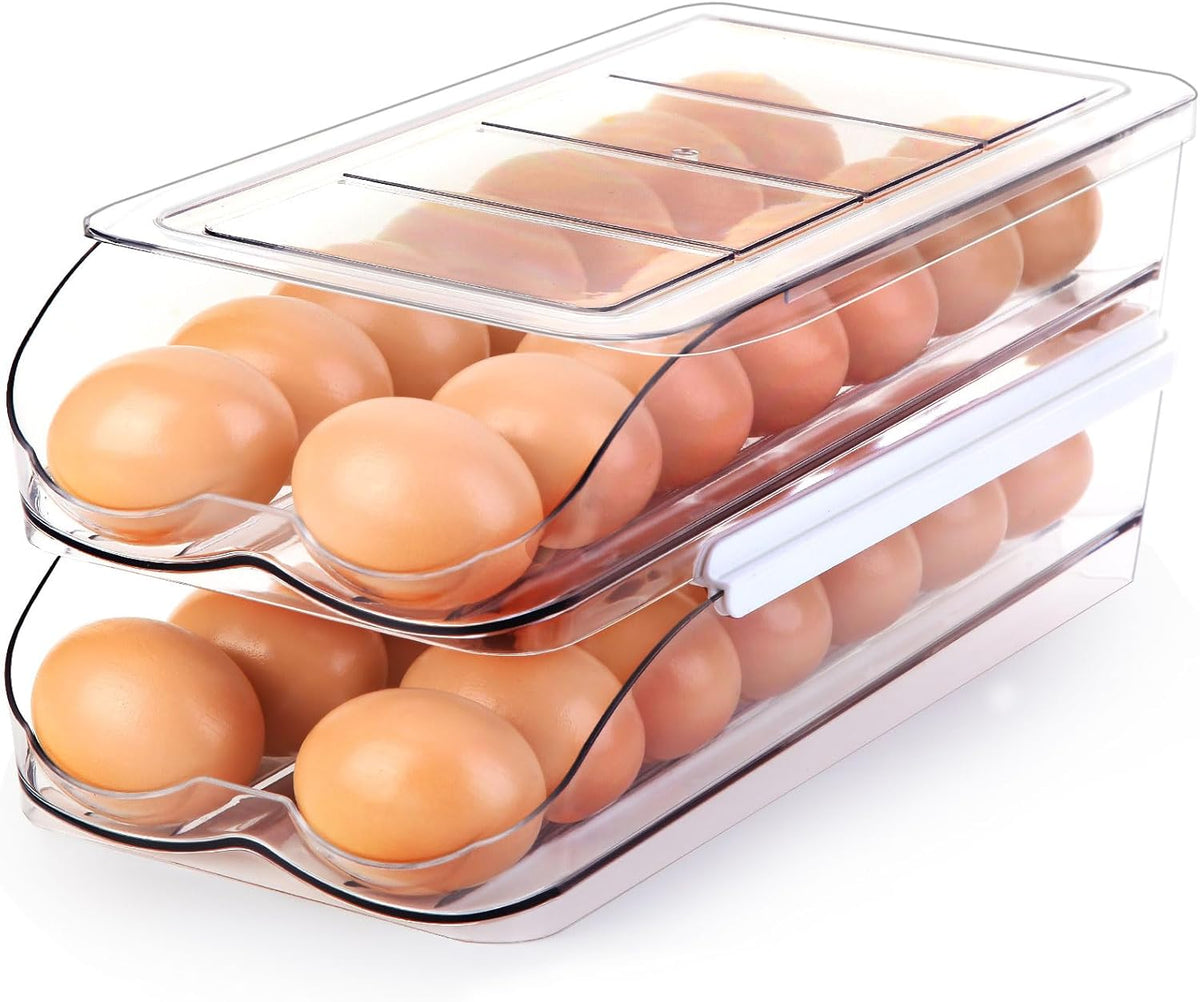Egg Holder for Fridge, Automatic Rolling Egg Container for Refrigerator, Stackable Fridge Organizers and Storage with Lid, Clear Plastic Egg Dispenser & Tray (2 Tier)