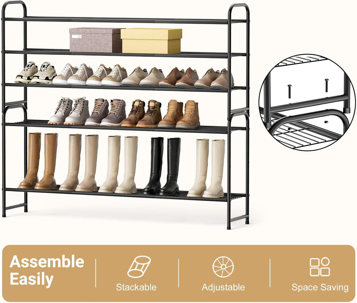 KEETDY 3-Tier Long Shoe Rack for Closet Metal Shoe Organizer for Entryway, Wide Stackable Shoe Storage Shelf with Sturdy Wire Grid for Closet Floor, Bedroom, Black
