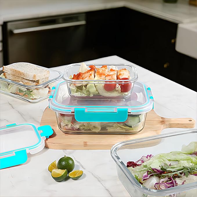 BAYZZ 10 Pack Glass Meal Prep Containers, Glass Food Storage Containers with Lids, Airtight Lunch Box, Freezer,Oven,Microwave and Dishwasher Safe,Green