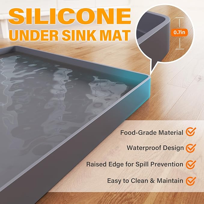 FLATO Waterproof Under Sink Mat 25" x 19" Shelf Liner for Kitchen and Bathroom, Cabinet Protector, Organizers and Storage, Flexible Silicone Drip Tray