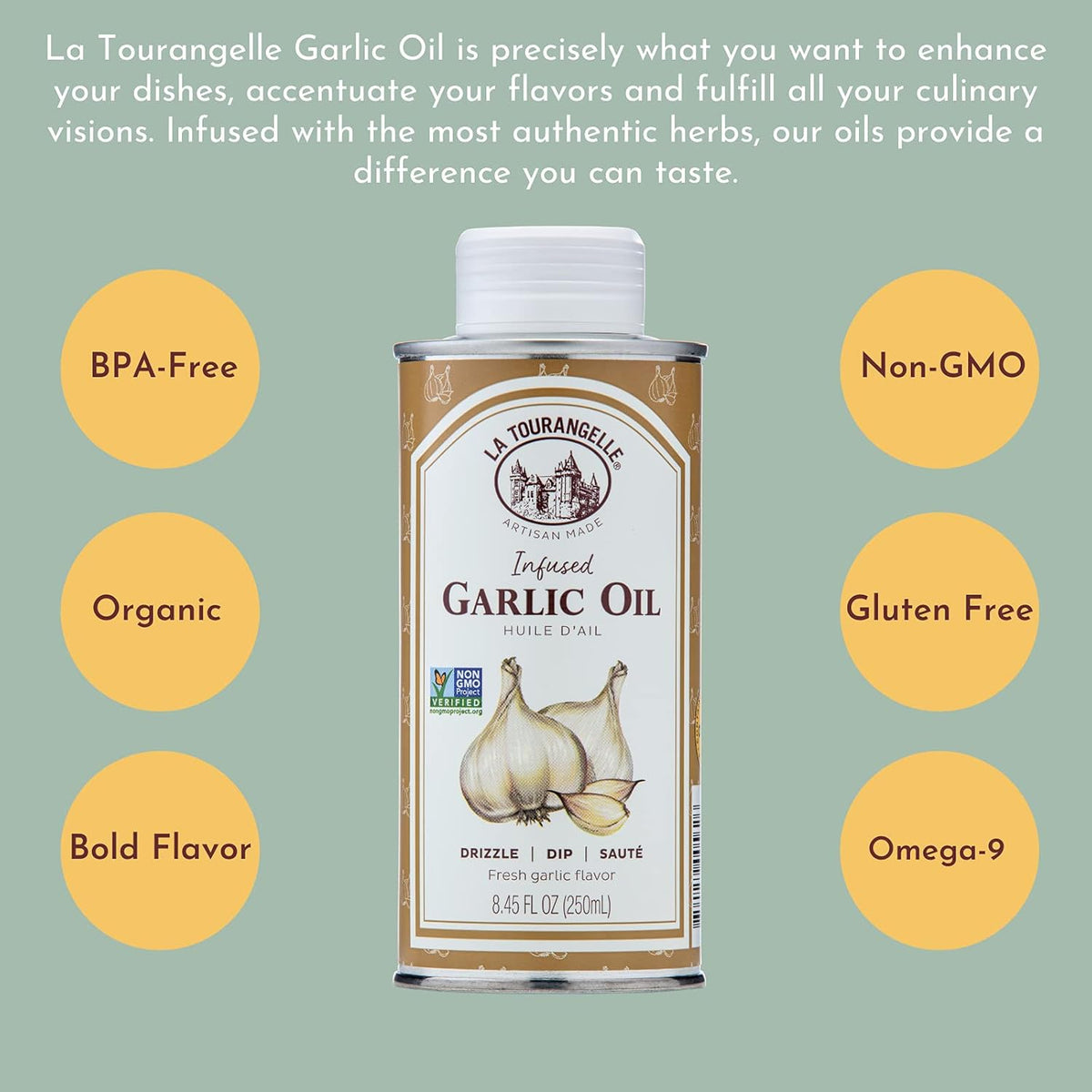 La Tourangelle, Garlic Oil, High Oleic Oil for Cooking Pastas, Salad Dressings, Drizzle on Popcorn, Irresistible Aroma and Flavor, 8.45 Fl Oz