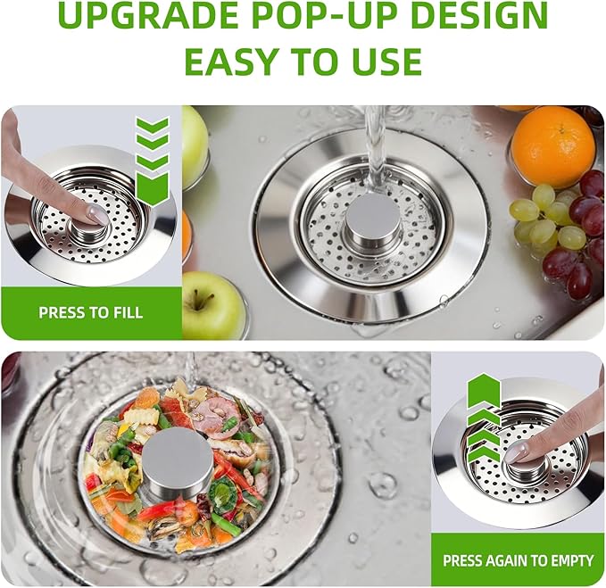 3 In 1 Kitchen Sink Drain Assembly, Stainless Steel Basket Strainer, 3-1/2 Inch Sink Drain Stopper Plug, Threaded Plastic Sink Strainer Tailpiece 1-1/2 in