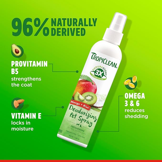 TropiClean Dog Perfume, Long Lasting Mango Kiwi Cologne, Deodorizing Spray for Smelly Dogs, After Bath Detangling Spray, Safe for Cats, 8oz.