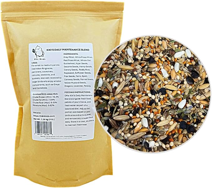 Premium Parrot Food| Protein-Rich Low-Fat Formula | Cockatiel, Conure, Lovebird, Quaker, Parrotlet | No Corn, Soy, Peanuts | Gourmet Whole Grains & Seeds | Daily Maintenance Blend (3 lbs)