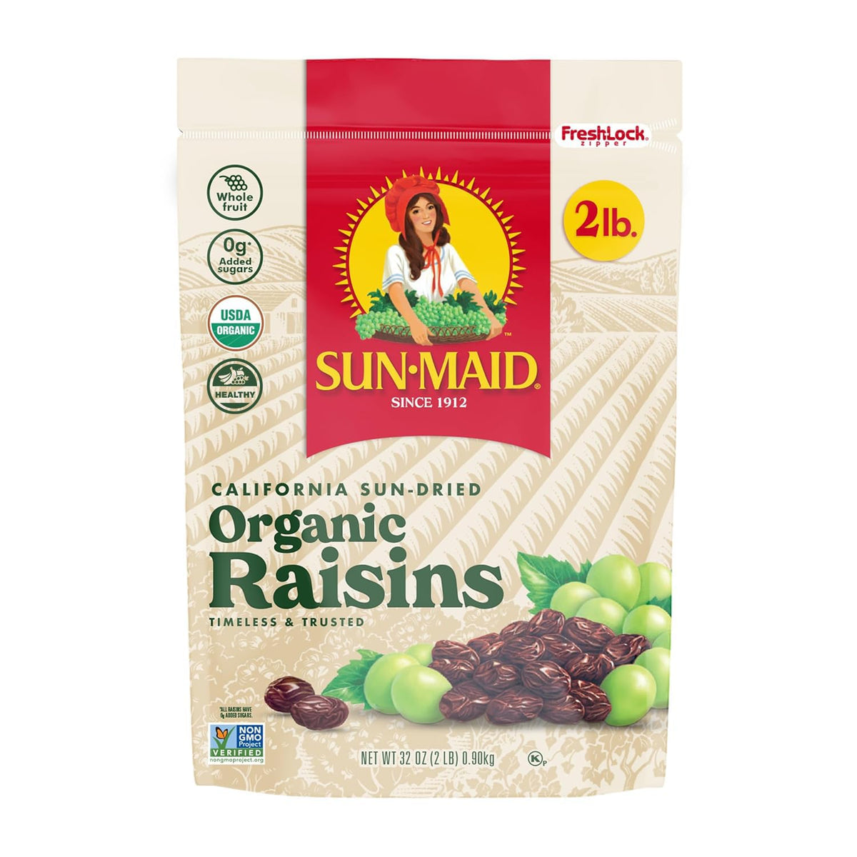 Sun-Maid Organic California Sun-Dried Raisins - 32 oz Resealable Bag - Organic Dried Fruit Snack for Lunches, Snacks, and Natural Sweeteners