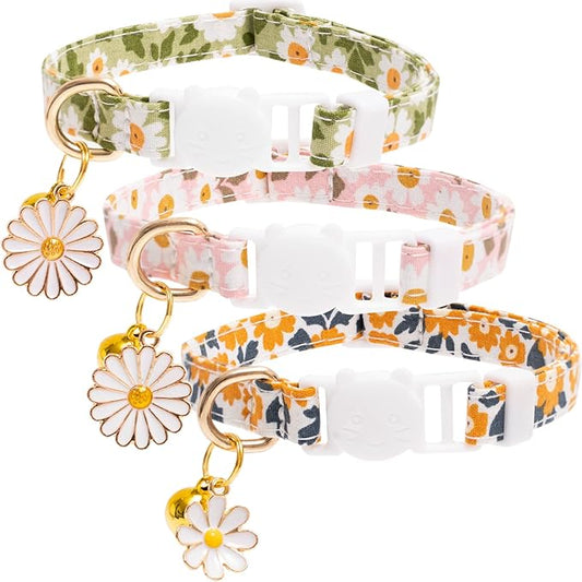 Faygarsle 3 Pack Cotton Safe Breakaway Cat Collars with Bell Daisy Charm Green Orange Pink Kitty Kitten Cute Cat Collars for Girl Cats Female Cats