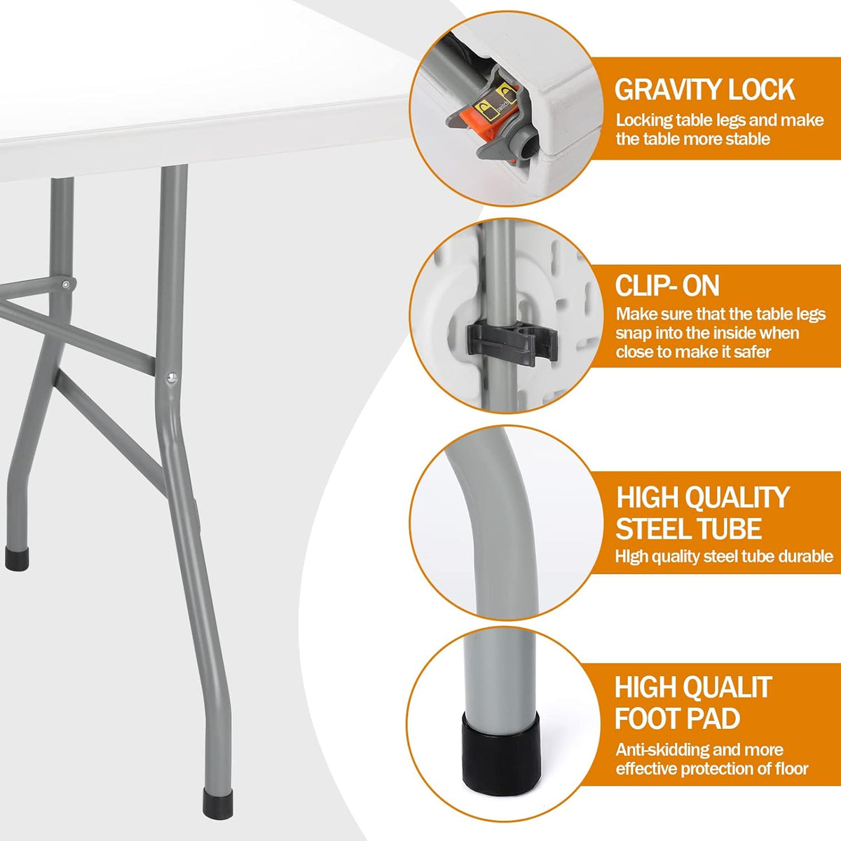 6ft Folding Table - Heavy Duty Portable Table for Parties, Camping & BBQs, Folds in Half for Easy Storage, No Assembly Required, White