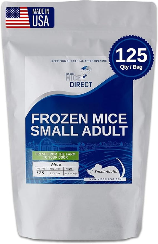 MiceDirect EST. 2003 125 Frozen Mice Small Adult Feeders Snake Food for Juvenile Red Tail Boas Ball Pythons Adult Sand Boas Milks Corn (2.5-3 in) (2375 Grams Min)