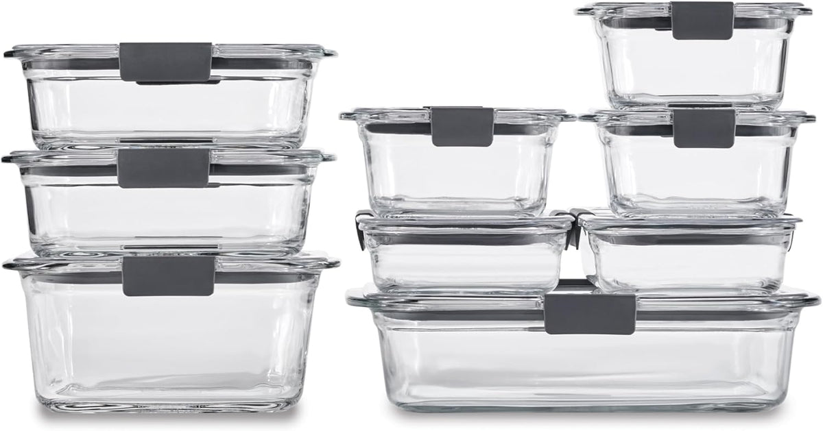Rubbermaid Brilliance Glass Food Storage set of 4 containers 8 total pieces (4 containers + 4 lids) for Lunch Meal Prep and Leftovers Dishwasher and Oven Safe Clear/Grey