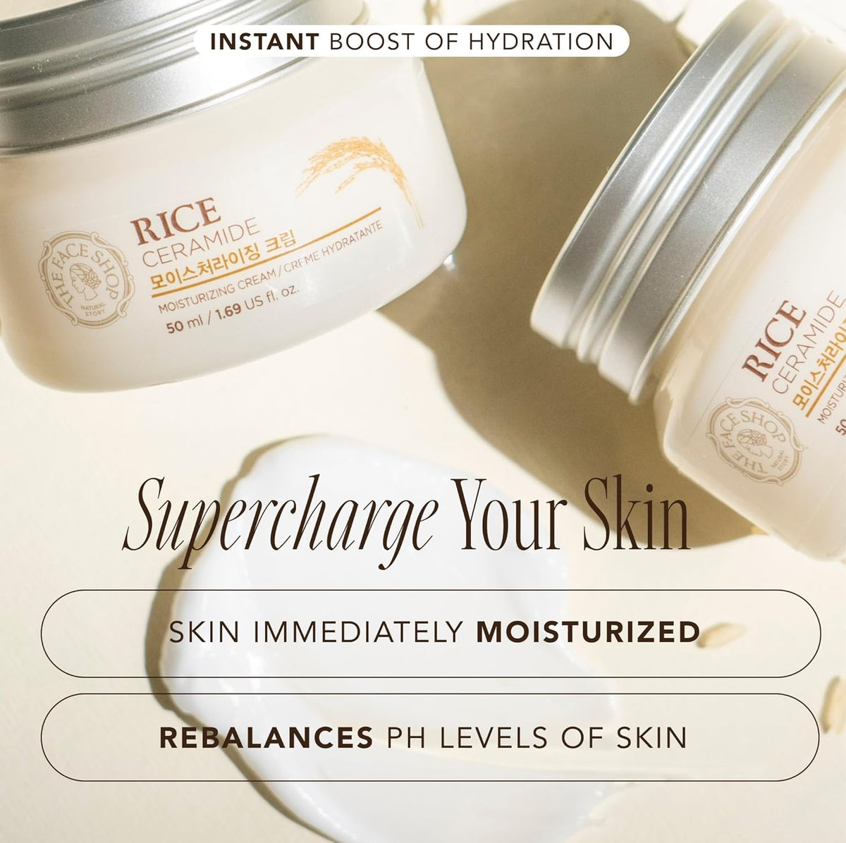 The Face Shop Rice Ceramide Cream, Hydrating Face Moisturizer, for Dry & Combination Skin, Lightweight, Fast-absorbing, 1.69 fl. oz.