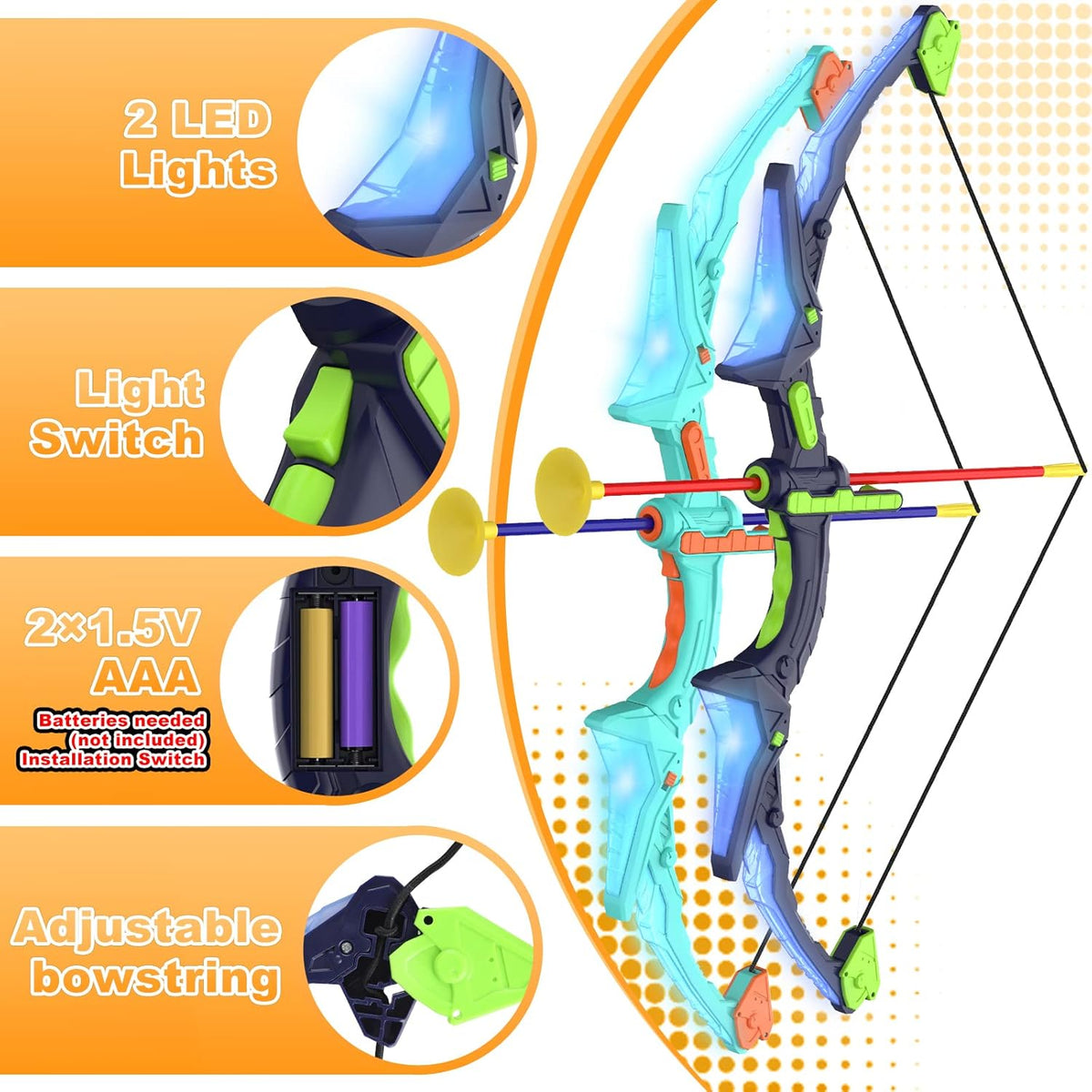 2 Pack Kids Bow and Arrow Set with LED Flash Lights, 14 Suction Cup Arrows and Fluorescence Standing Target-Perfect Indoor and Outdoor Game Archery Set Toy Gift for 4 5 6 7 8-12 Year Old Boys