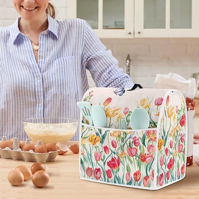 Floral Mixer Dust Cover | Waterproof & Machine Washable Protector with Handle & Pocket | Compatible with 6-8 Quart Stand Mixers