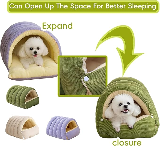Removable and Washable Winter Closed-Off Cat Bed, Cat Winter Cave, Cute Cat Beds for Indoor Cats, Disassembled Design for Easier Cleaning, with Hair Remover (Green+Beige, 22.4 * 14.6 * 11.0 in)