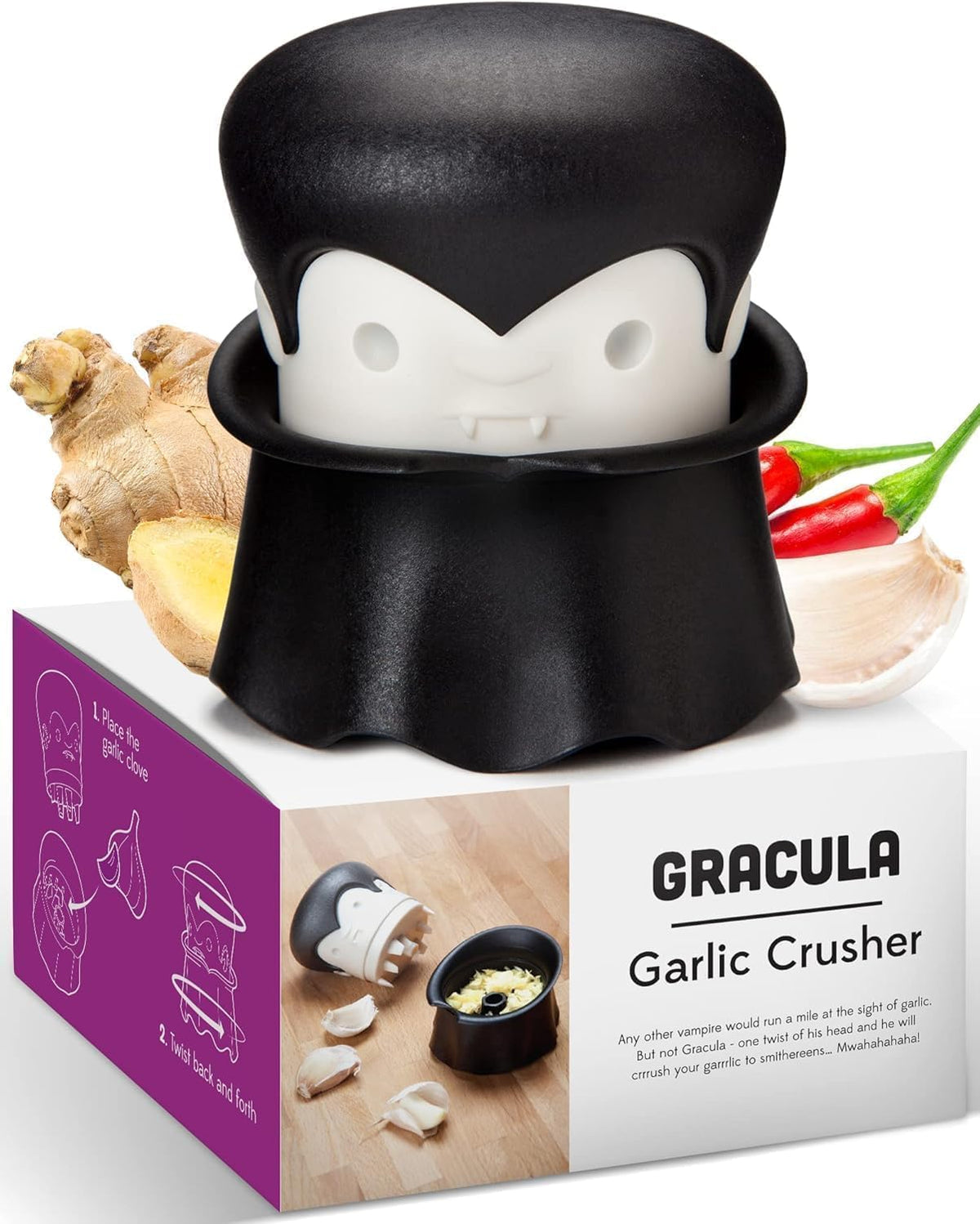 OTOTO Gracula Garlic Crusher, Garlic Mincer, Also for Ginger, Nuts, Chili, Herbs - Twist Top Mincer & Easy Squeeze Manual Press Peeler, Goth Gifts